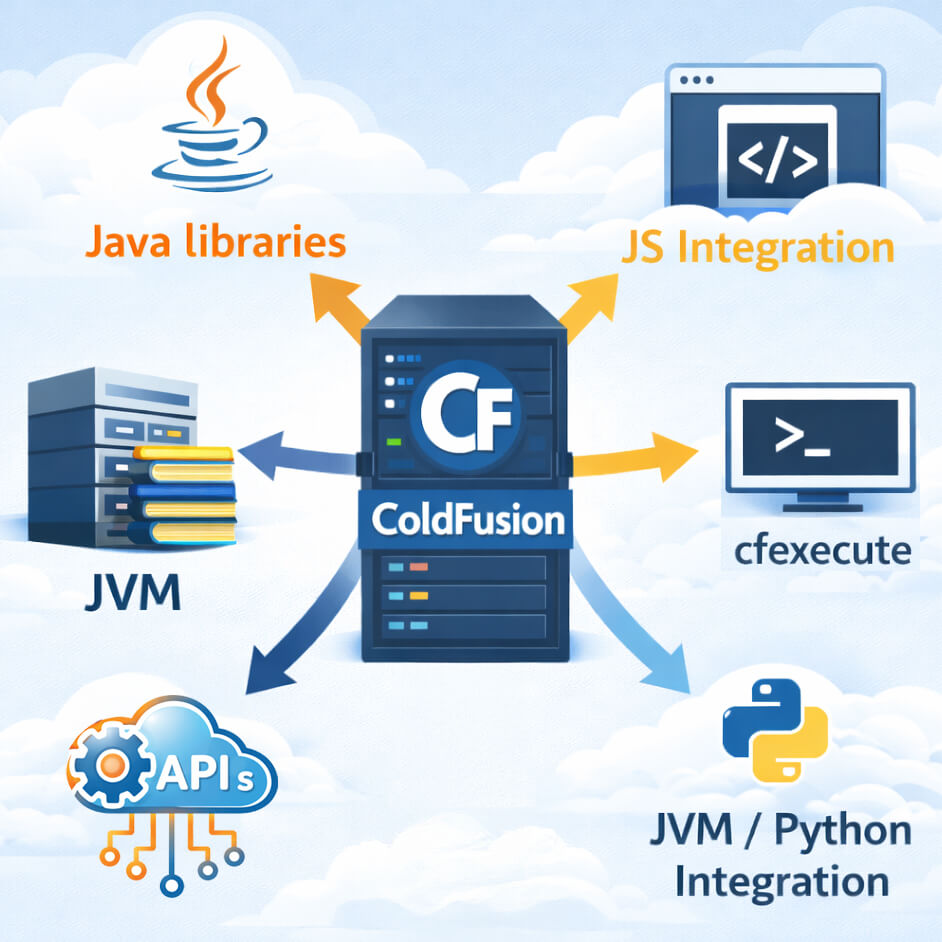 ColdFusion server acting as an integration hub connecting Java libraries, Python scripts, REST APIs, JavaScript, and cfexecute.